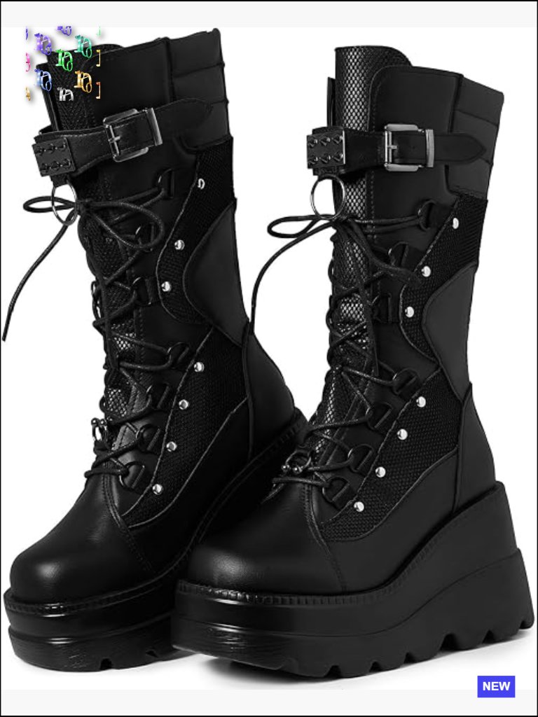 Mid Calf Platform Boots Chunky Wedge Heel Lace Up & Zipper Gothic Concert